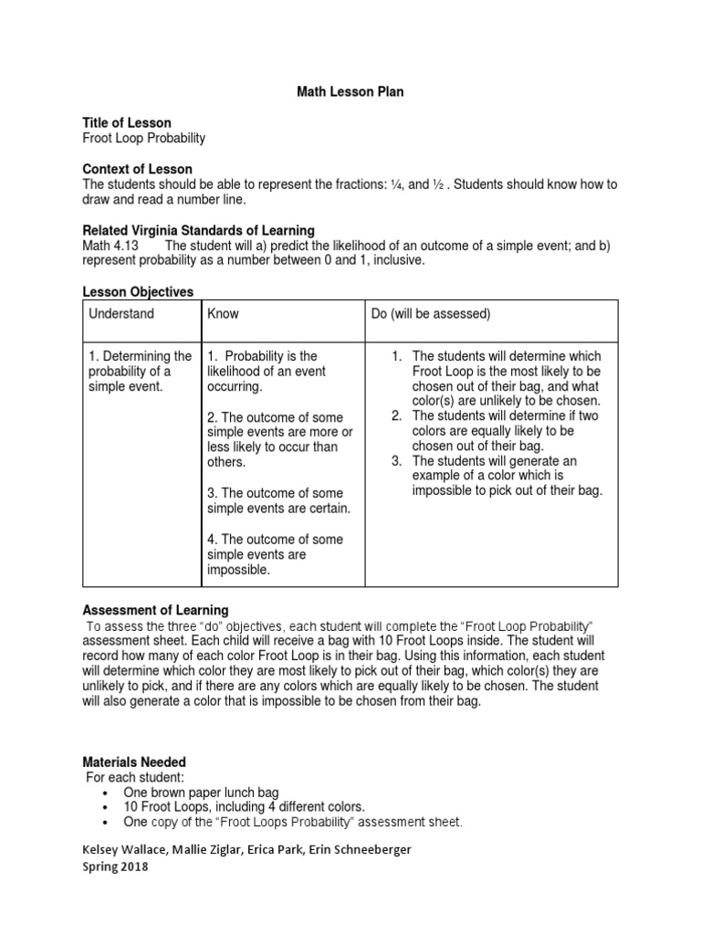 Fruit Loop Probability Lesson Planfor Portfolio PDF Probability