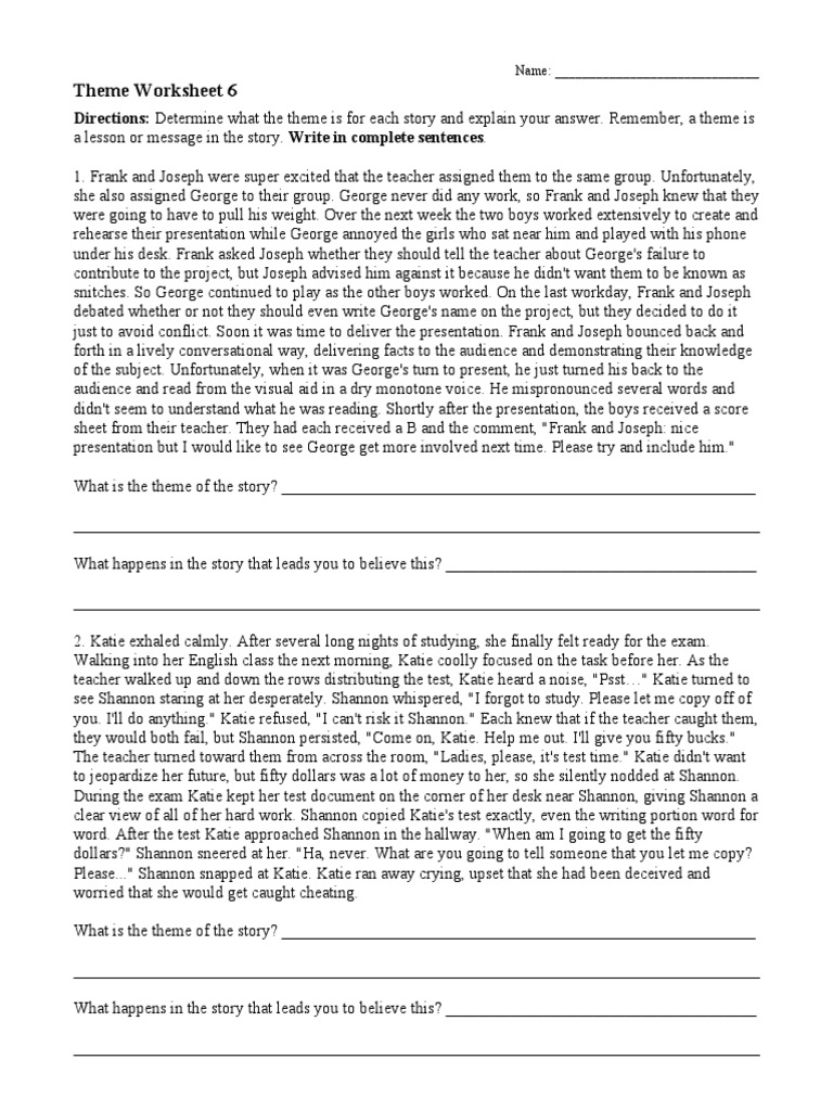 Theme Worksheet 6 | PDF | Leisure
