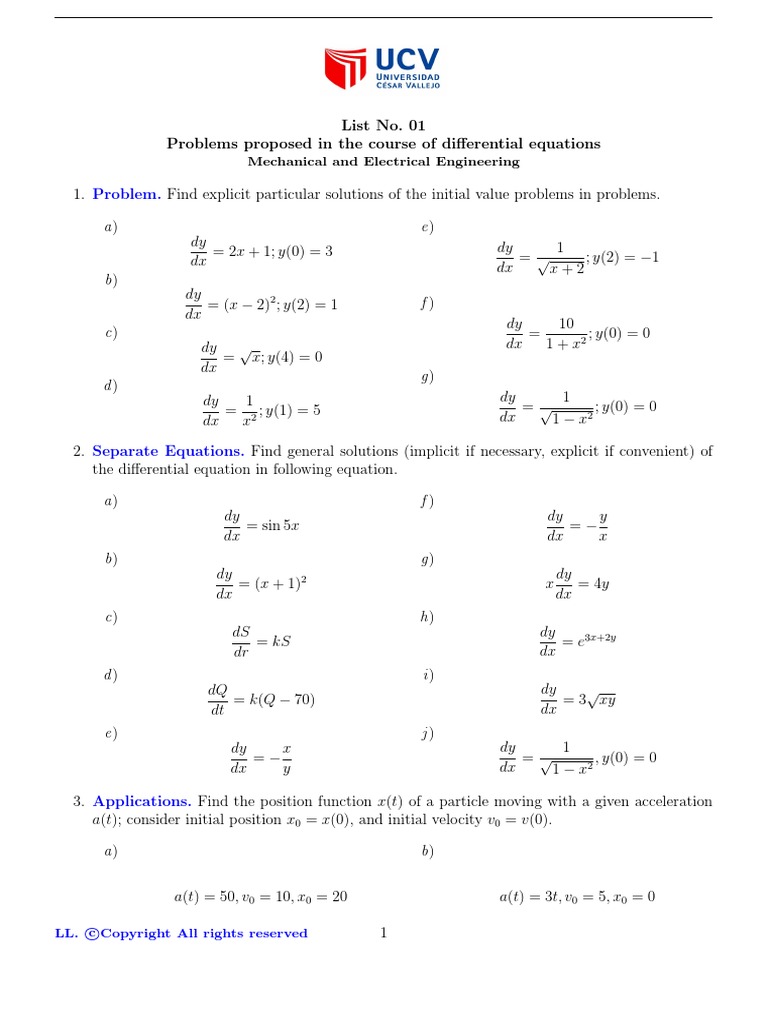 List No. 01 Problems Proposed in The Course of Differential Equations ...