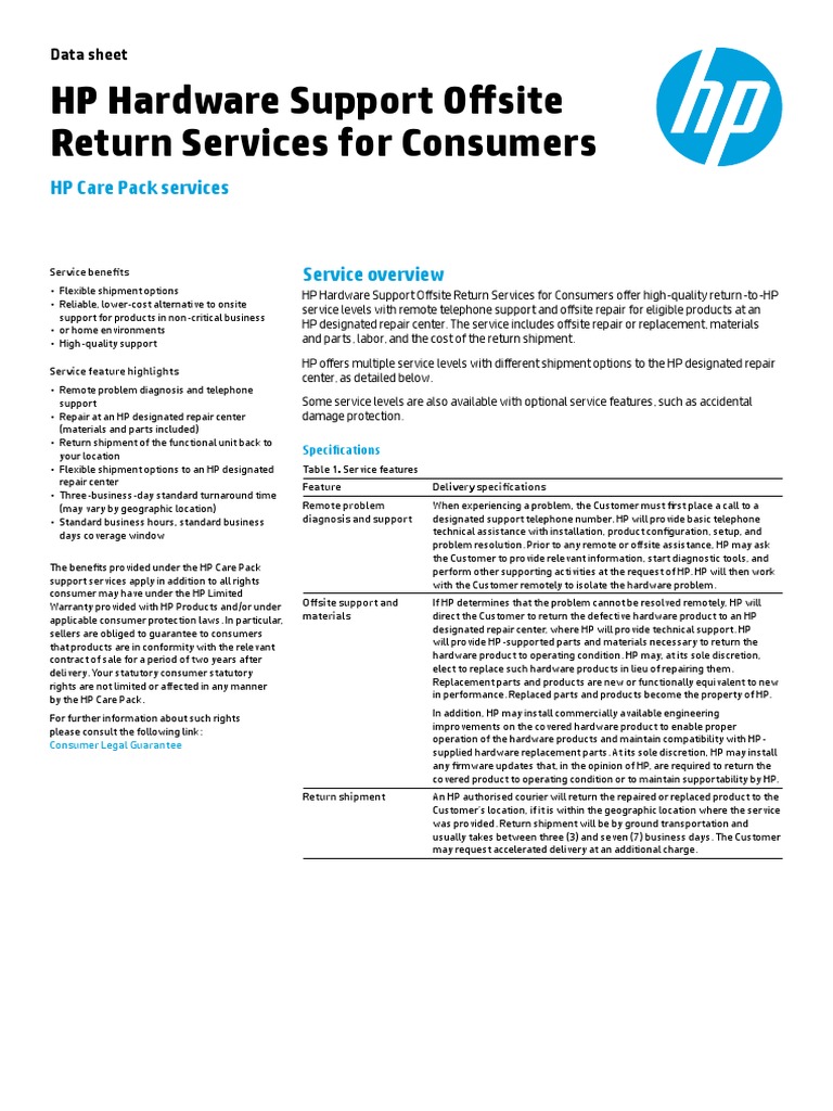 HP Hardware Support Offsite Return Services For Consumers PDF