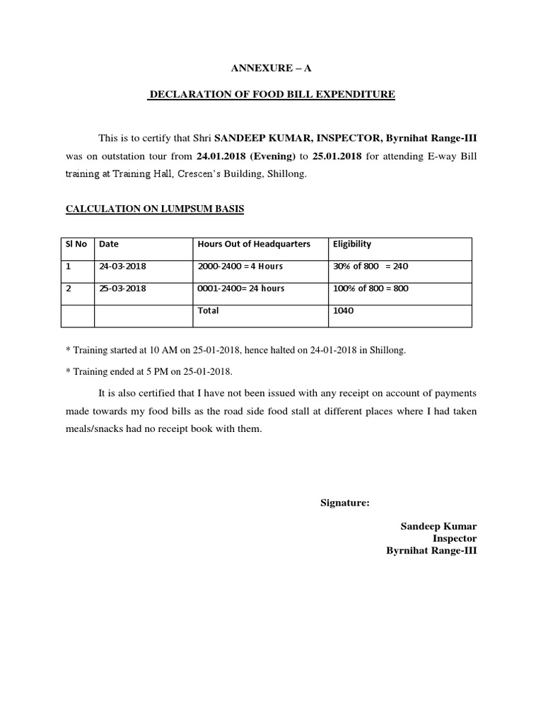 Food Bill Expenditure Declaration | PDF