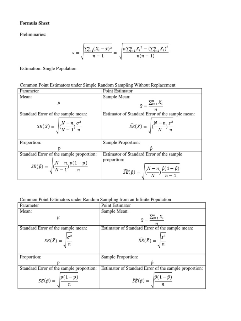 Formula Sheet Standard Error Estimator
