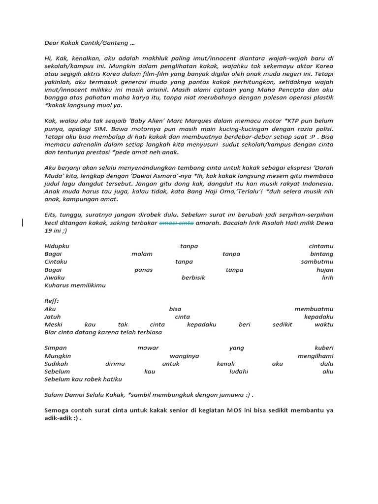 Contoh Surat Cinta Singkat Untuk Kakak Kelas Perempuan