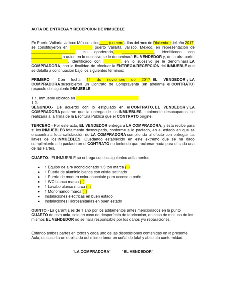 Acta de Entrega y Recepcion de Inmueble
