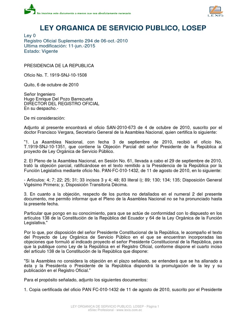 Ley Organica de Servicio Publico Losep PDF | PDF | Derecho laboral ...