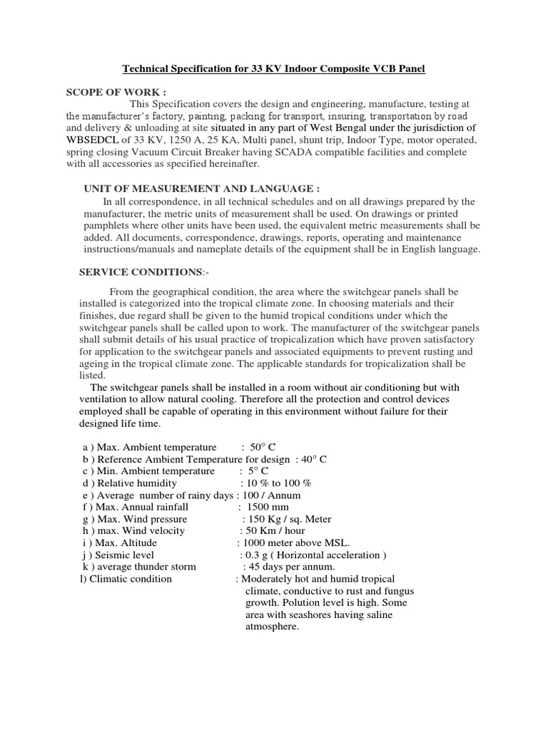 33 KV Indoor VCB Panel Specifications | PDF | Electrical Wiring | Switch