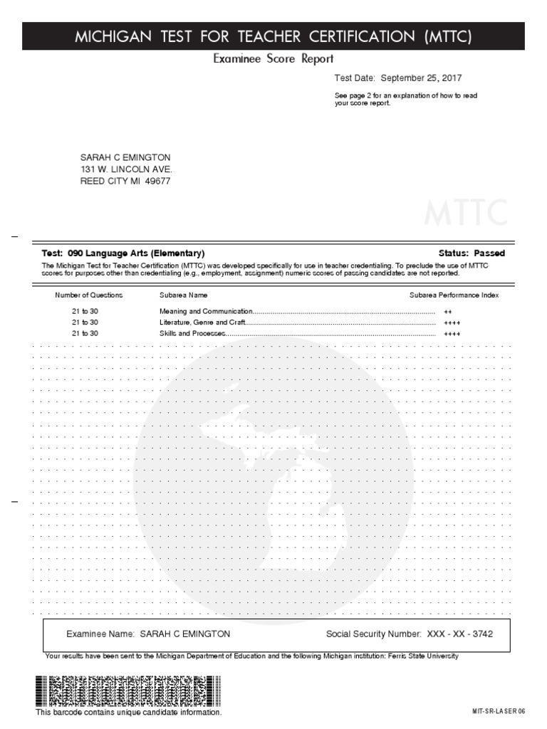 Michigan Test For Teacher Certification (MTTC) : Examinee Score Report ...