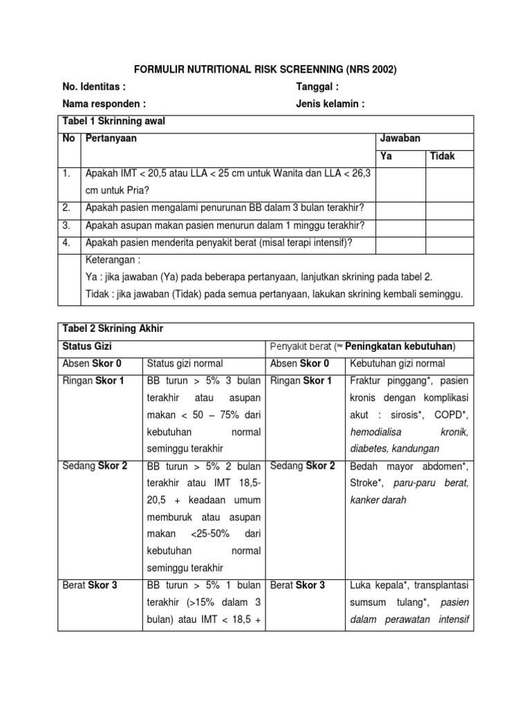 Formulir Skrining Gizi NRS 2002 | PDF | Pengembangan Diri | Kesehatan ...