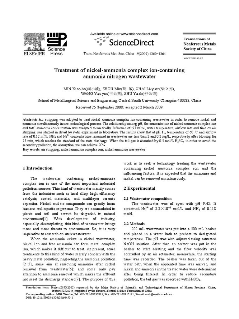 Nickel Ammonia Wastewater Treatment | PDF | Ammonia | Nickel