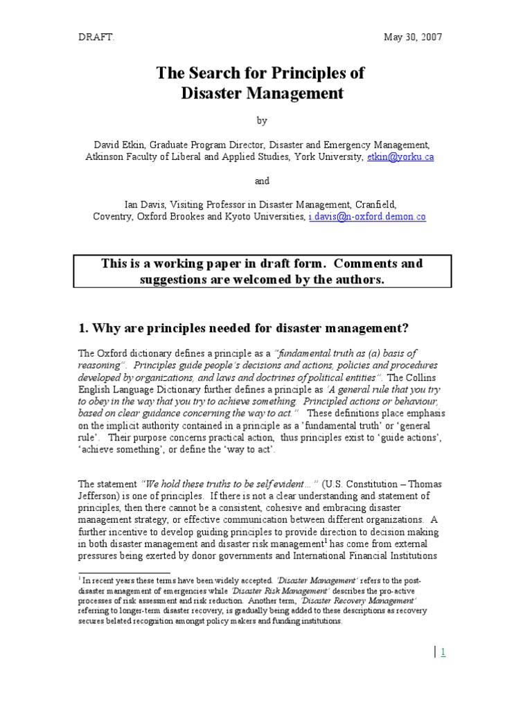 The Search For Principles of Disaster Management | PDF