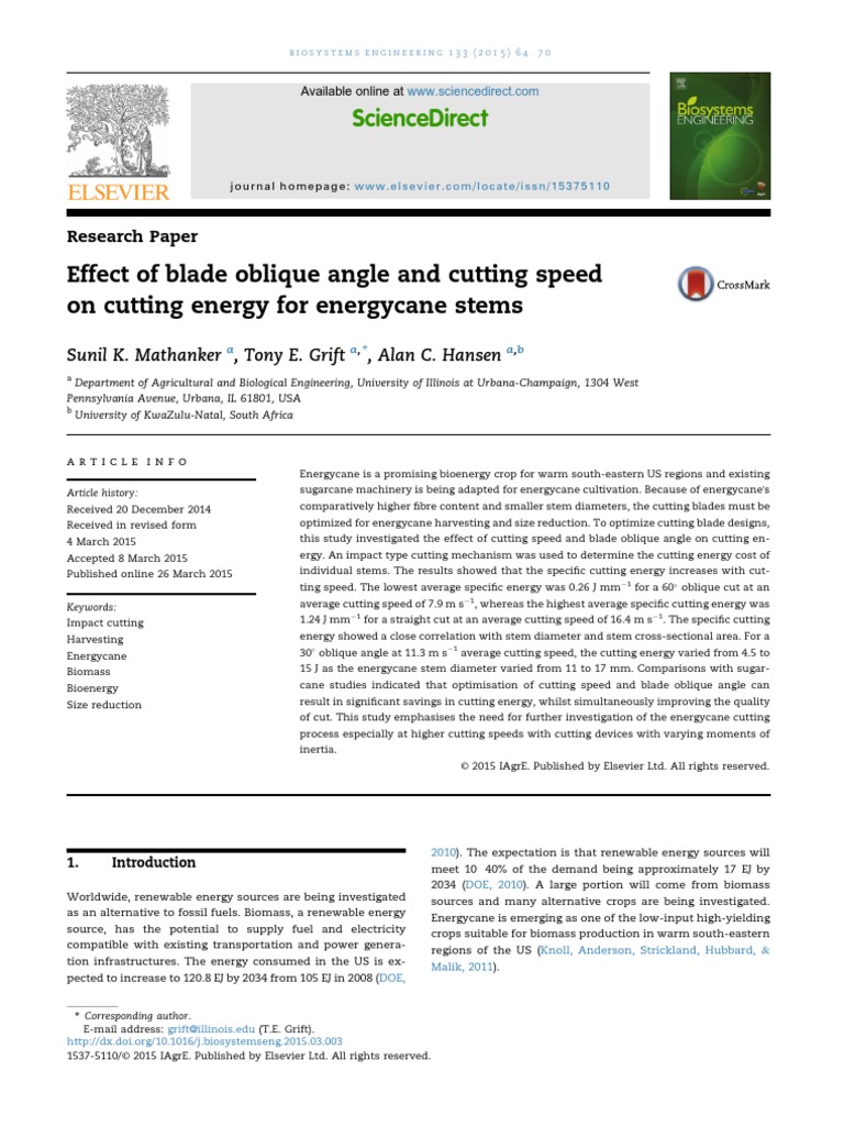 Effect of Blade Oblique Angle and Cutting Speed | PDF | Sugarcane | Biomass