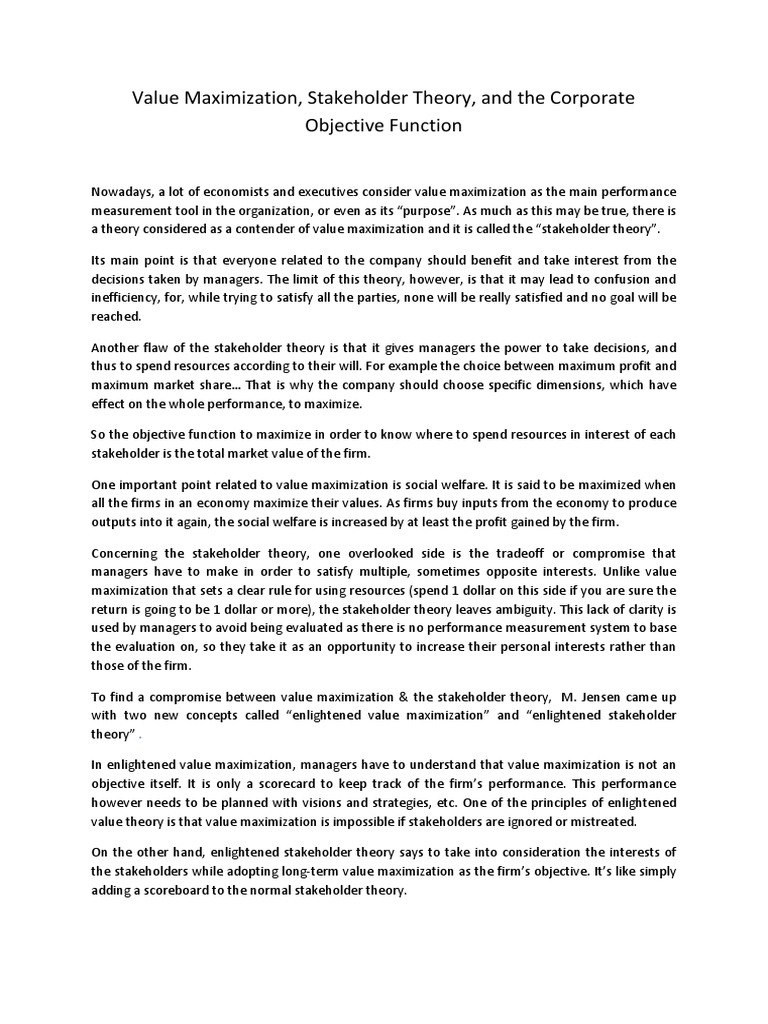 Value Maximization vs. Stakeholder Theory | PDF | Stakeholder ...