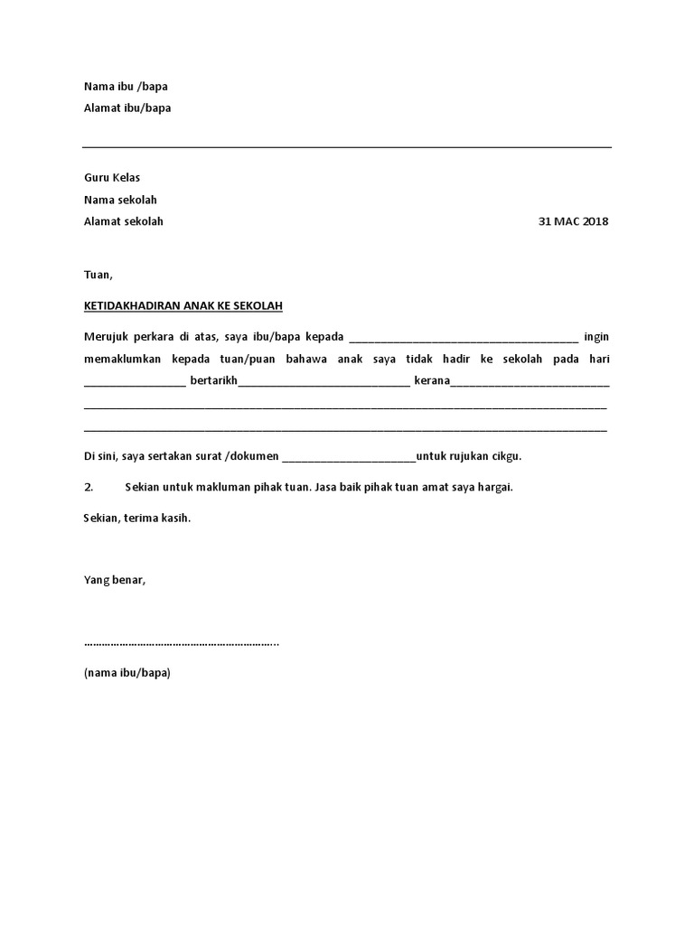 Surat tidak hadir ke sekolah pdf