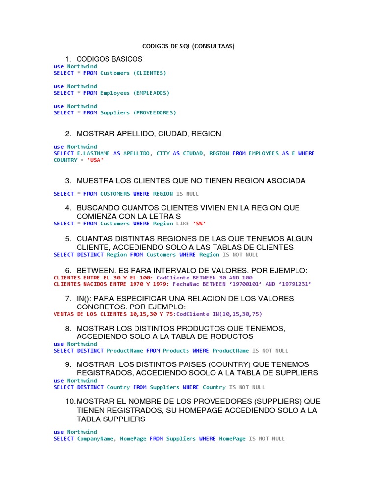Codigos de SQL | SQL | Bases de datos