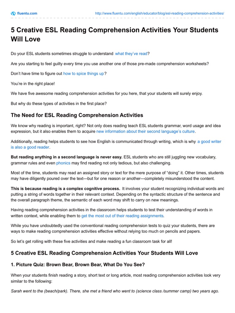 5 Creative Esl Reading Comprehension Activities Your Students Will Love |  PDF | Reading Comprehension | Reading (Process)