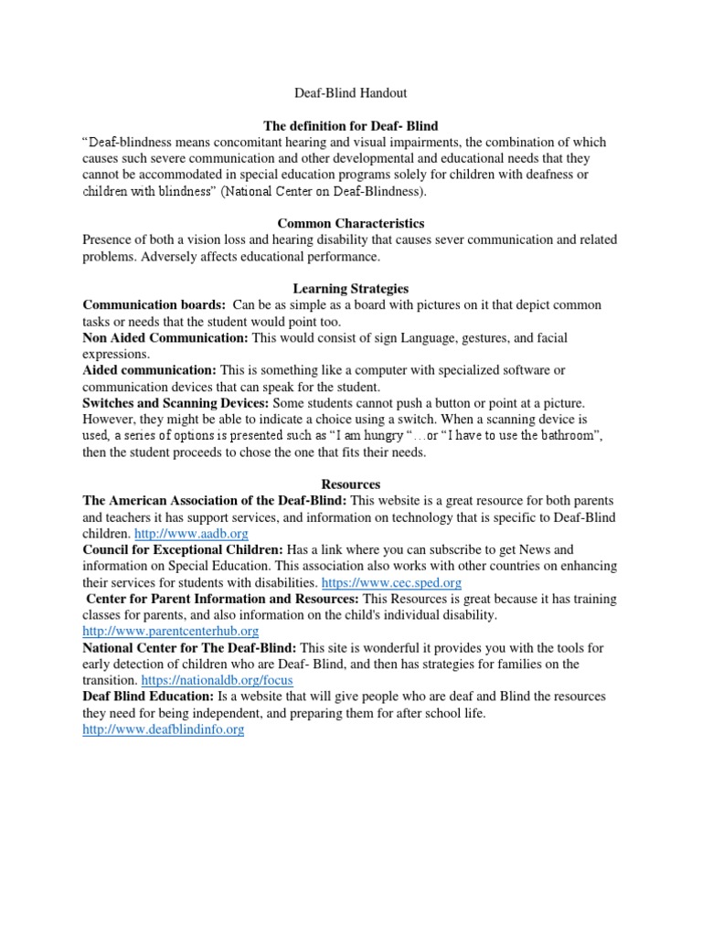Deaf and Blind Handout | PDF | Hearing Loss | Visual Impairment