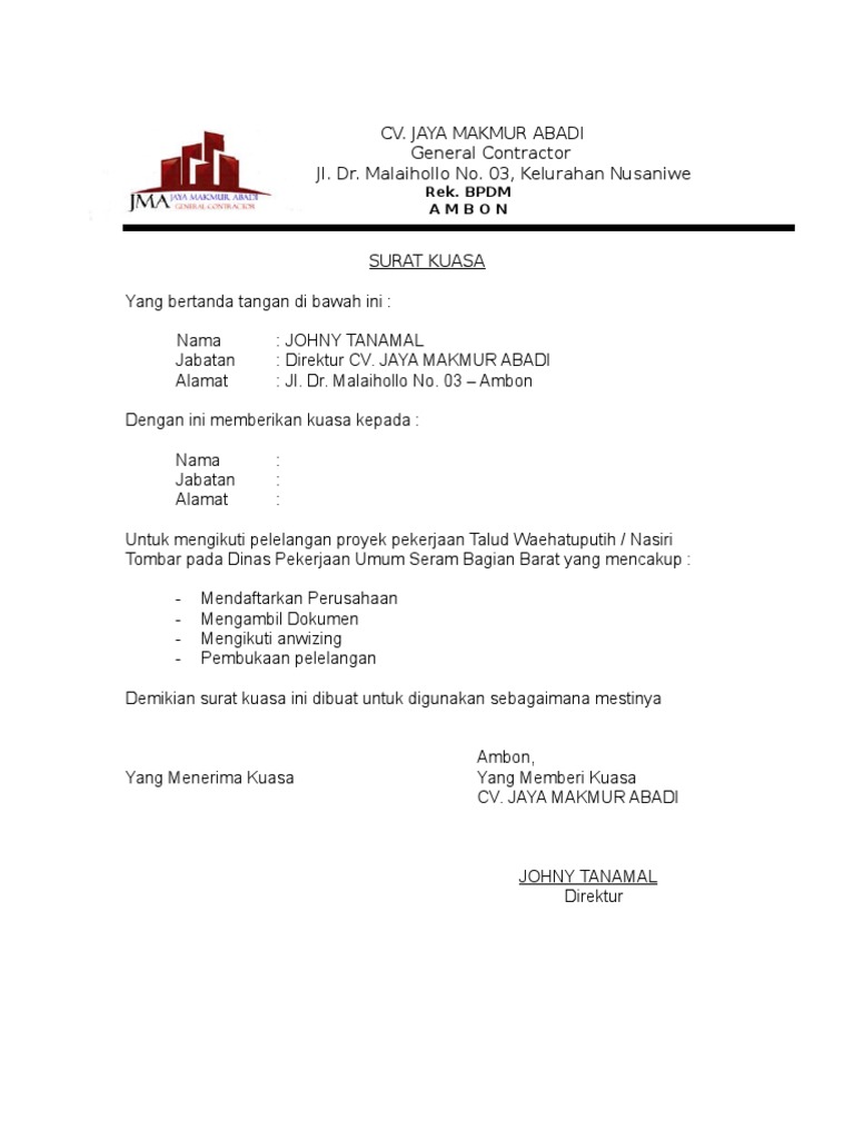 Contoh Surat Kuasa Kedinasan Doc