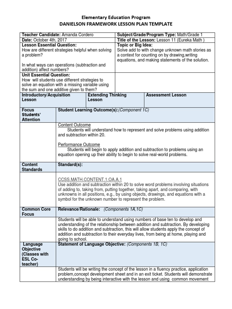 Elementary Education Program Danielson Framework Lesson Plan Template