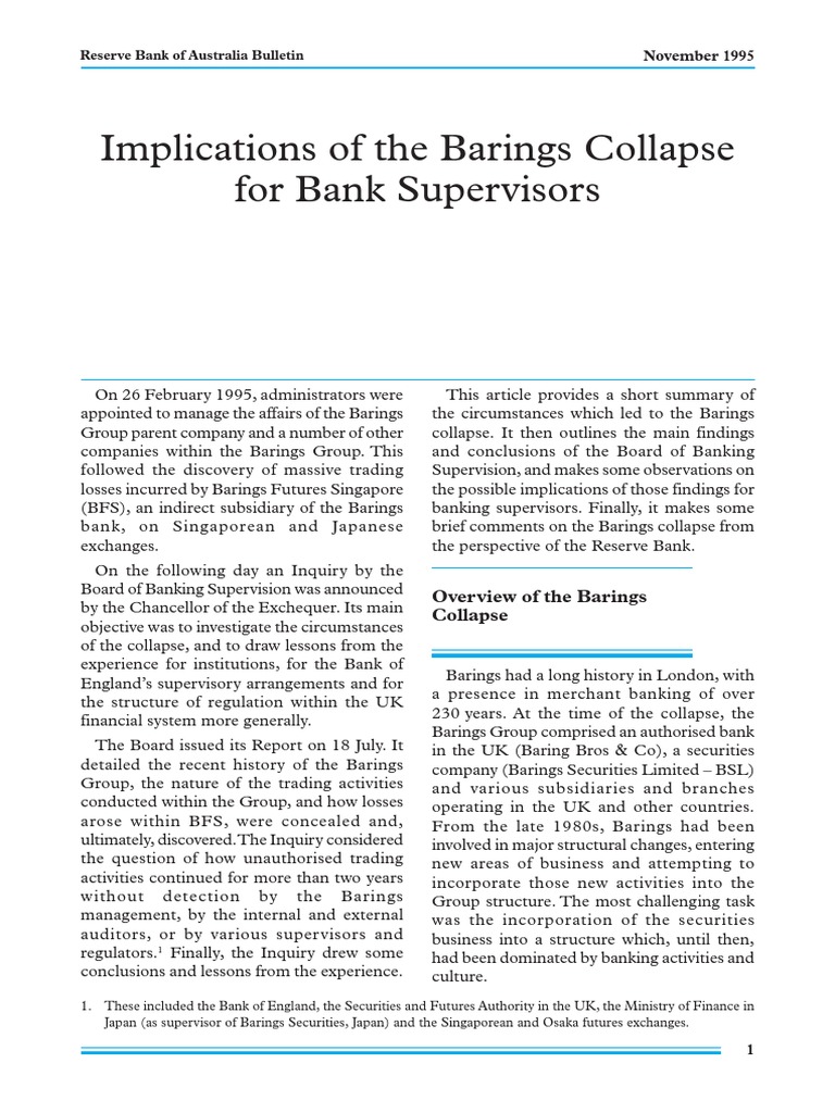 Implications of The Barings Collapse For Bank Supervisors PDF Risk