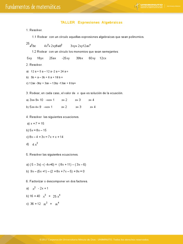 Taller de Expresiones Algebraicas | PDF