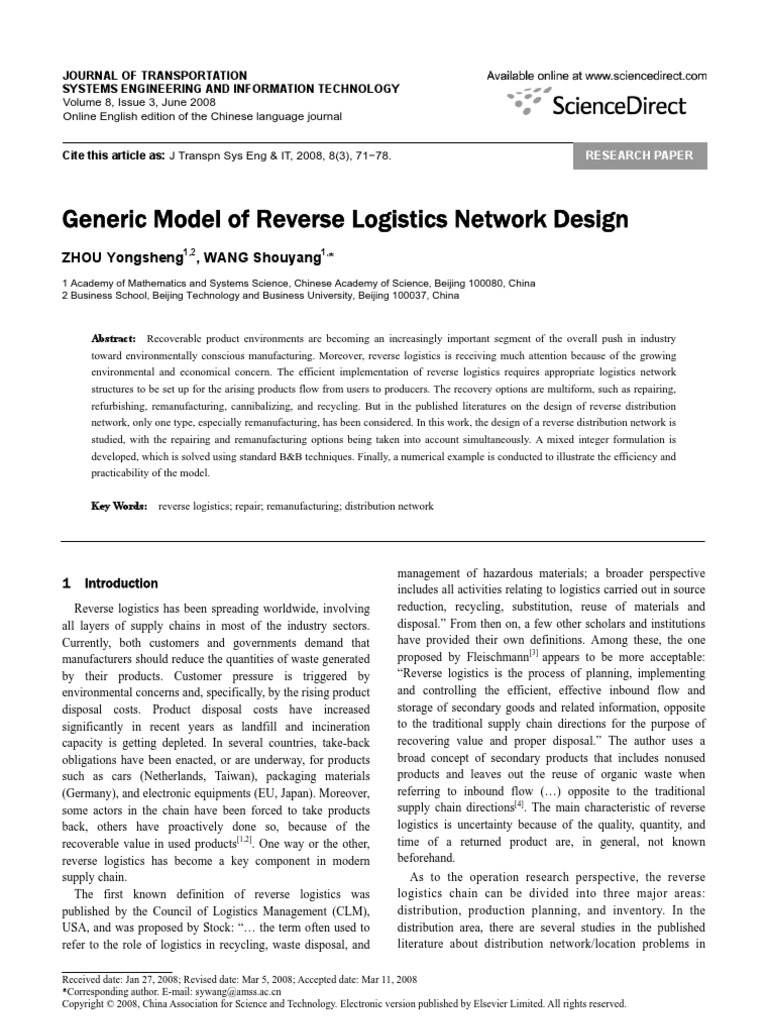 Generic Model of Reverse Logistics Network Design 2008 Journal of ...