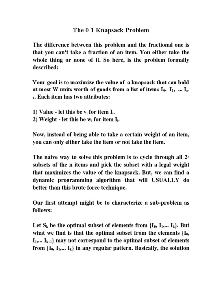 The 0-1 Knapsack Problem | PDF | Mathematical Optimization ...