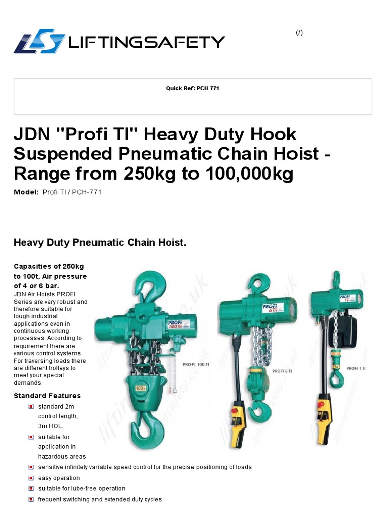 JDN "Profi TI" Heavy Duty Hook Suspended Pneumatic Chain Hoist Range