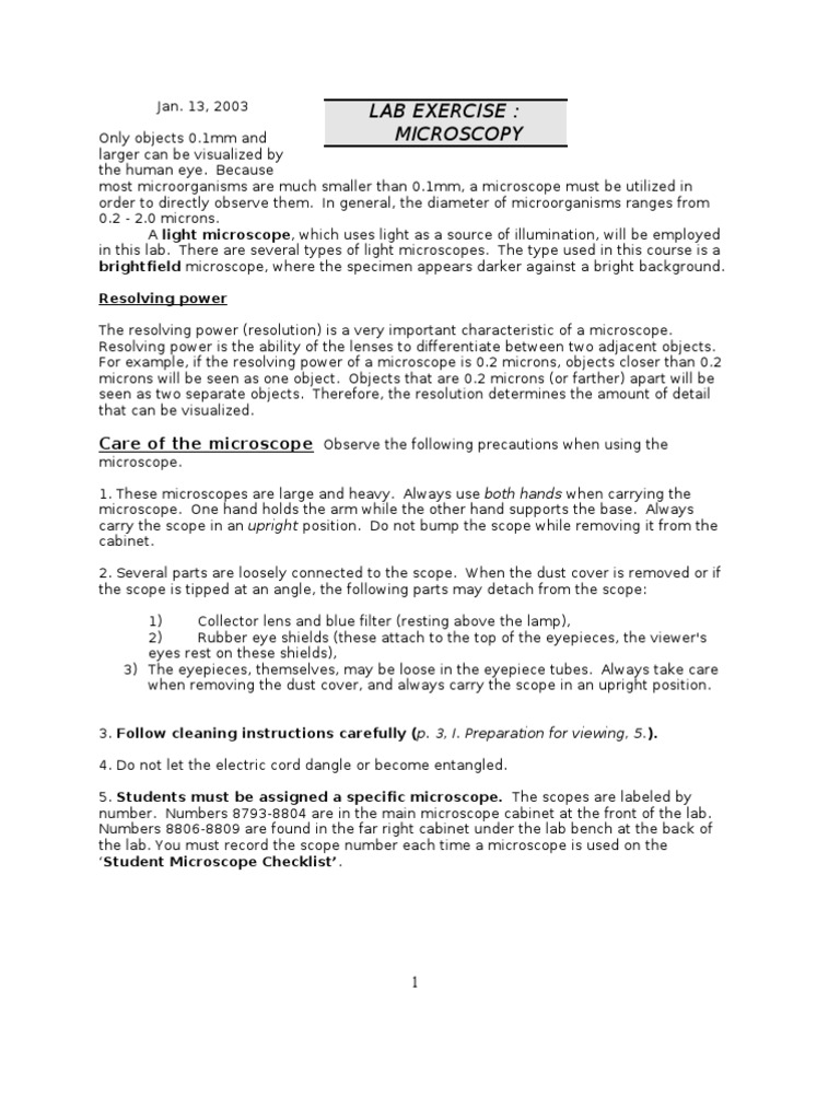 Lab Exercise: Microscopy: Care of The Microscope | PDF | Angular ...