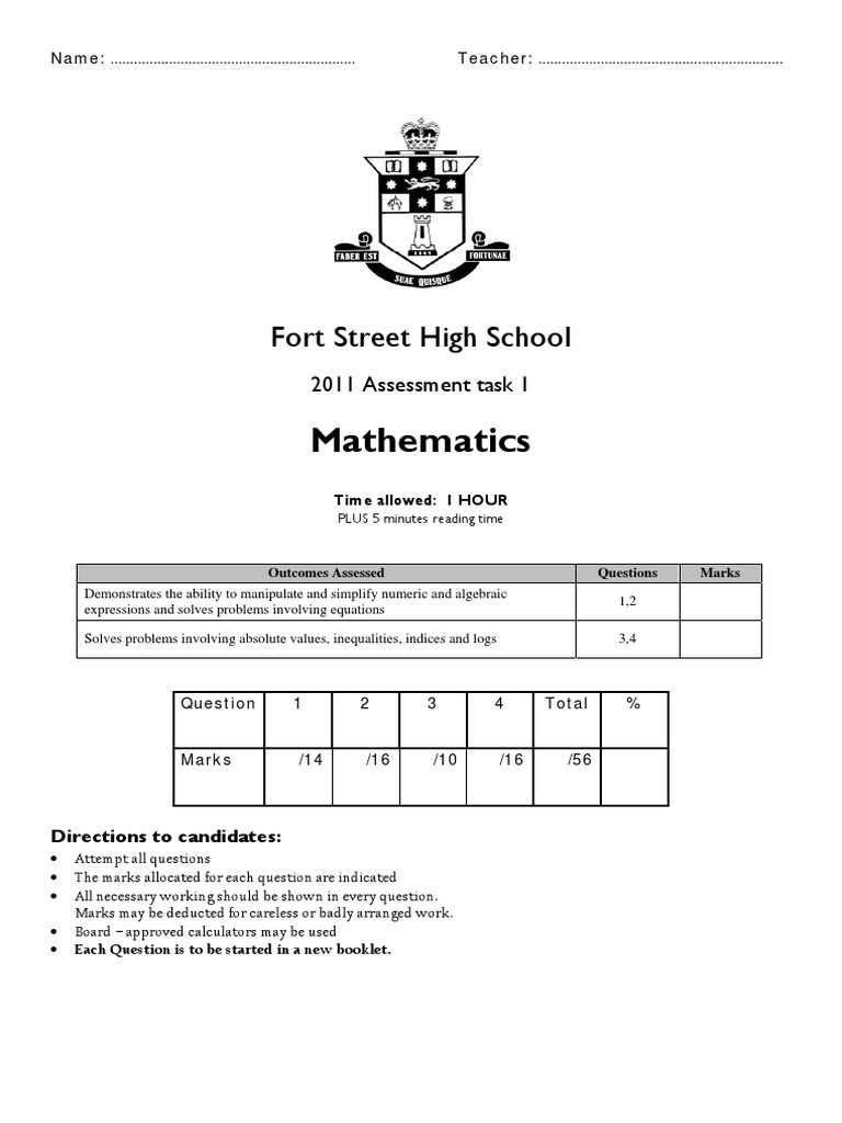 2011 Fort Street High School Math Assessment | PDF | Logarithm ...