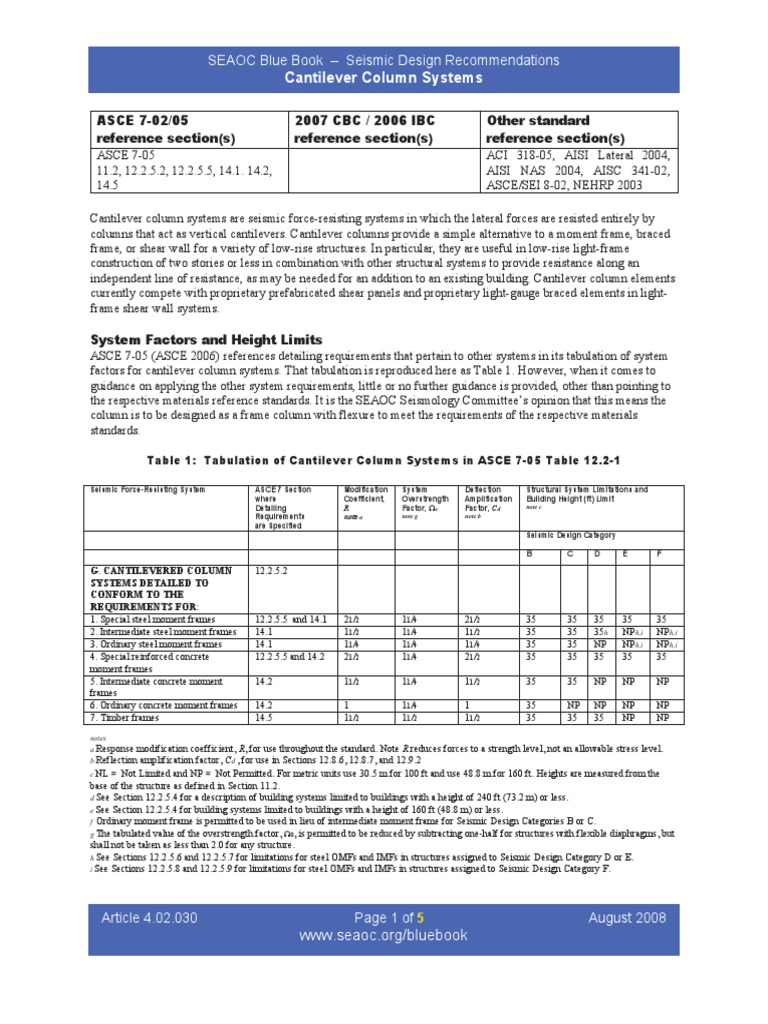 Seismic Design of Cantilever Column Systems | PDF | Framing ...