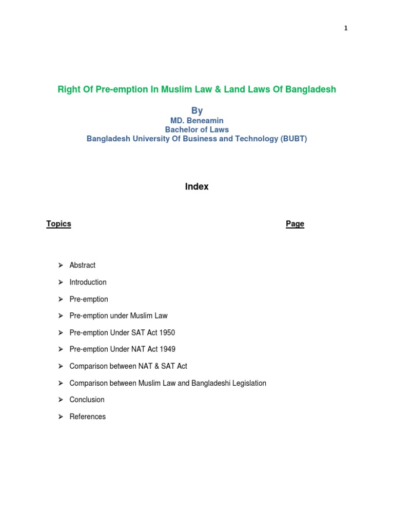 Right Of Preemption In Muslim Law & Land Laws Of Bangladesh