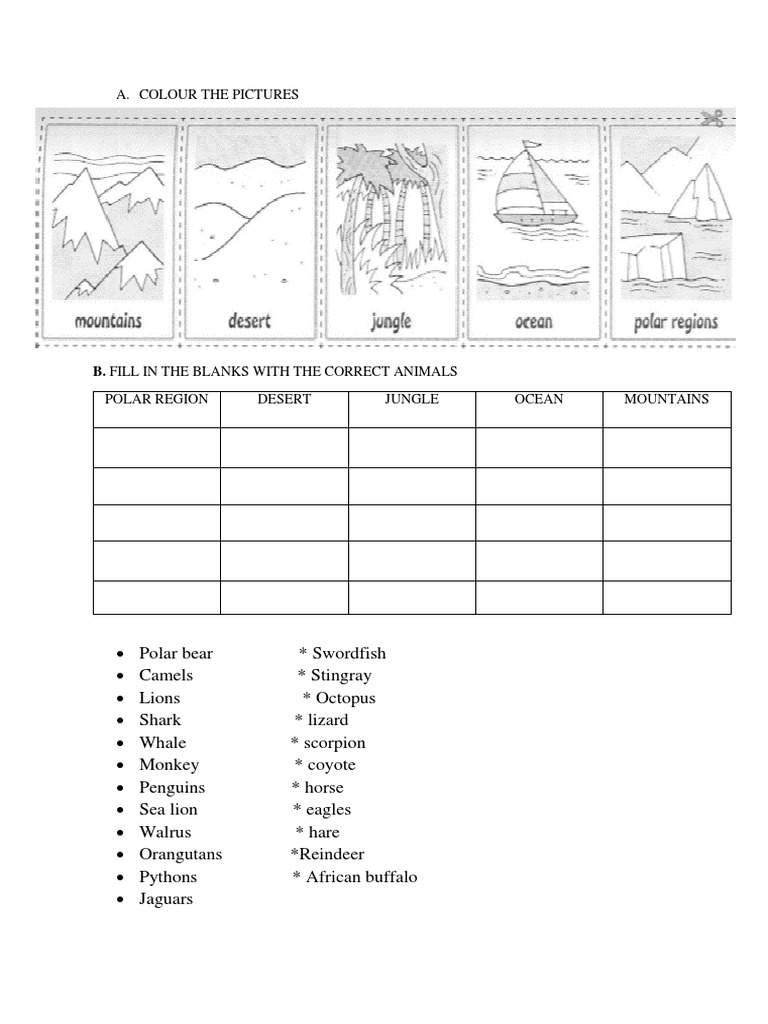 A. Colour The Pictures: B. Fill in The Blanks With The Correct Animals ...