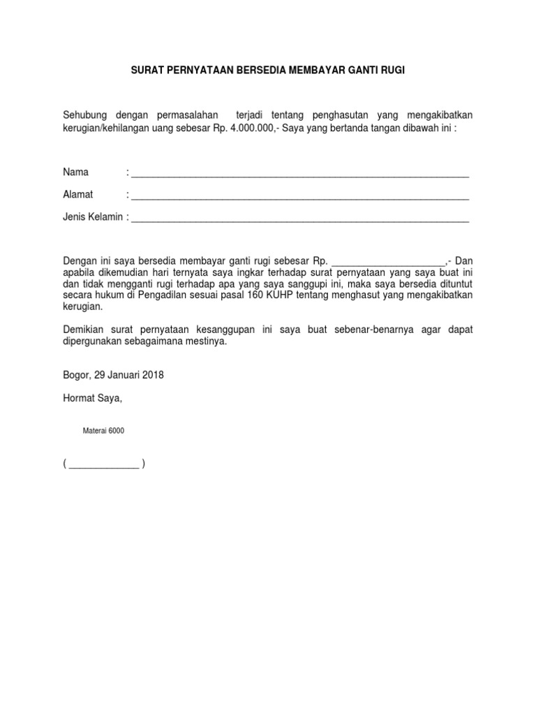 Surat Pernyataan Bersedia Membayar Ganti Rugi