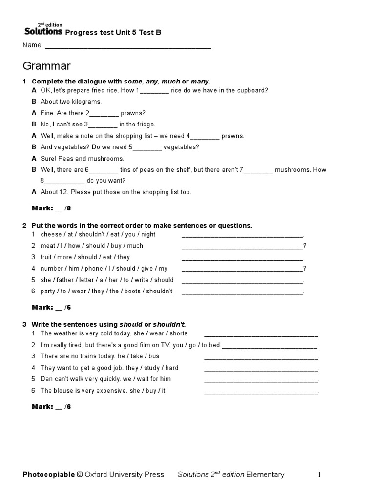 Sol2e ELEM Progress Test 5B | PDF | Sheep | Foods