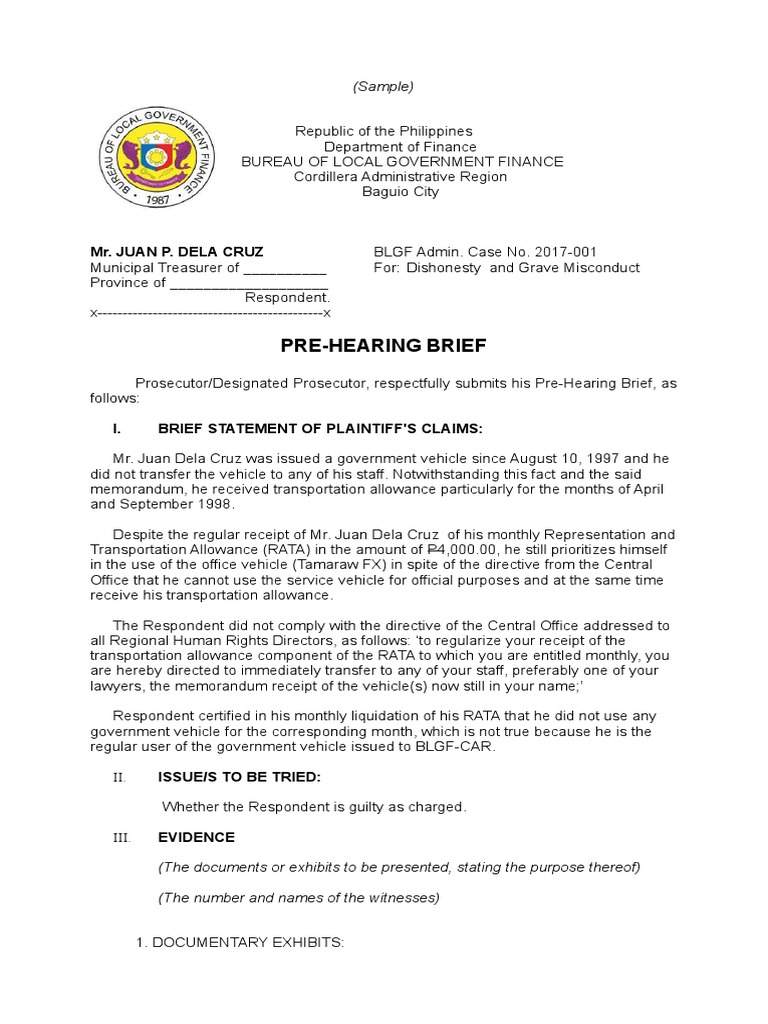 Pre-Hearing Brief for Administrative Case | PDF | Judiciaries ...