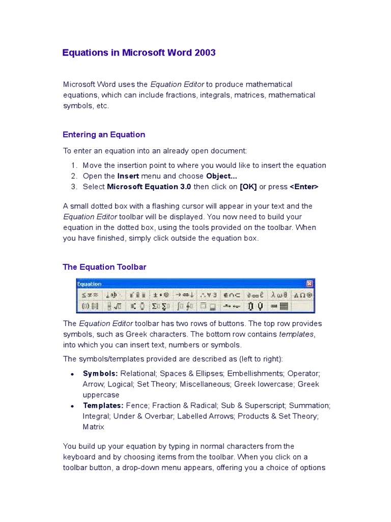 Equations in Microsoft Word 2003 Guide | PDF | Double Click | Text