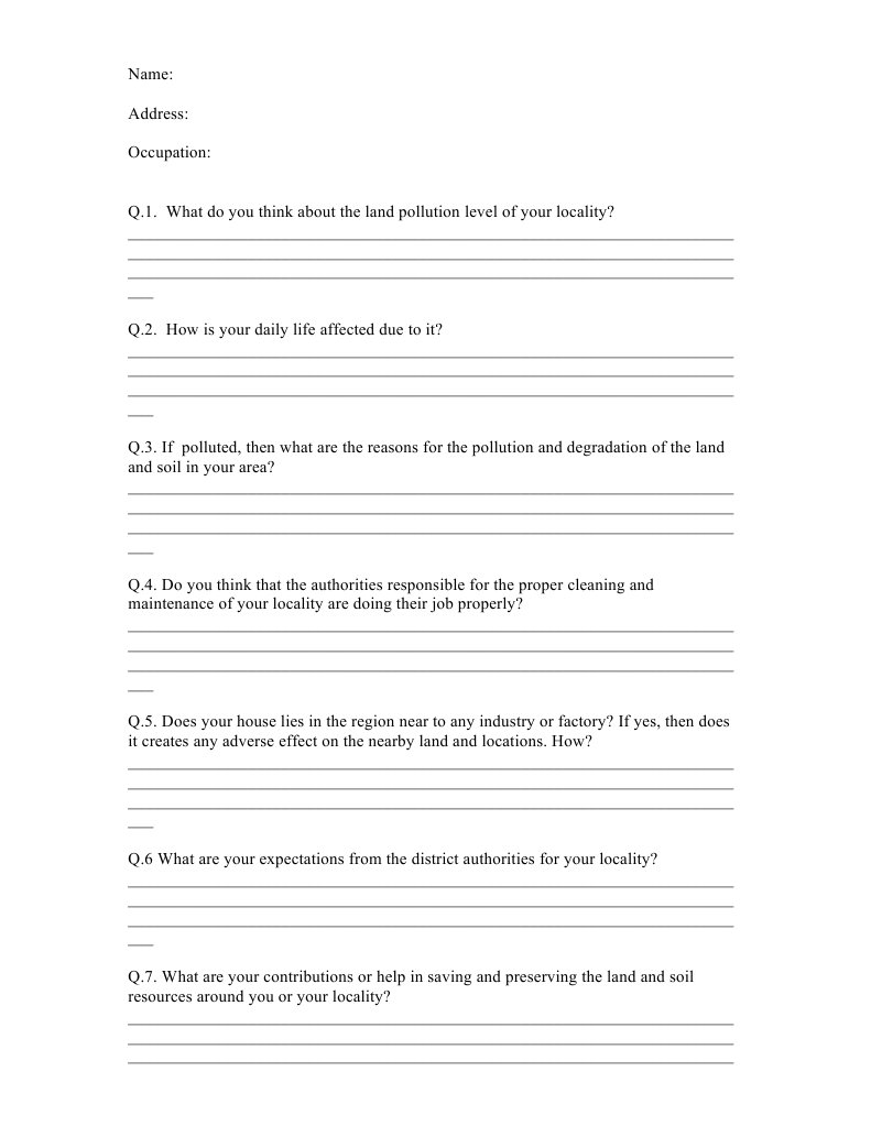 Survey Questions on land pollution Environmental Issues Pollution