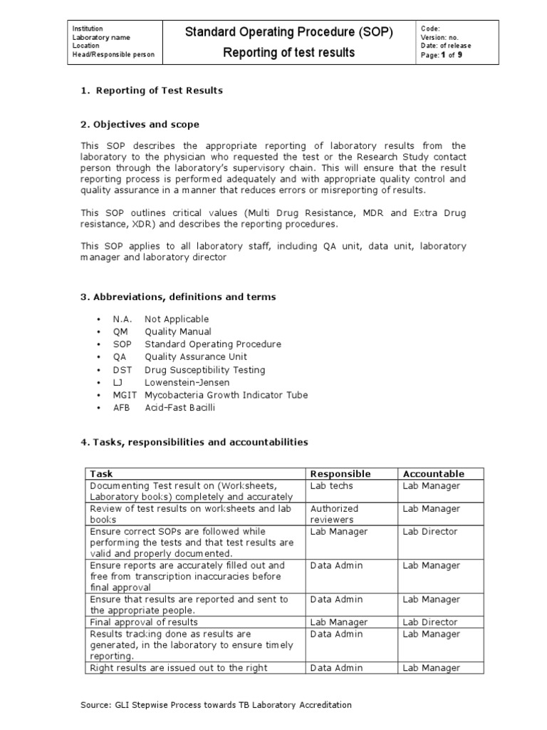 Laboratory SOP for Test Result Reporting | PDF | Laboratories | Quality ...