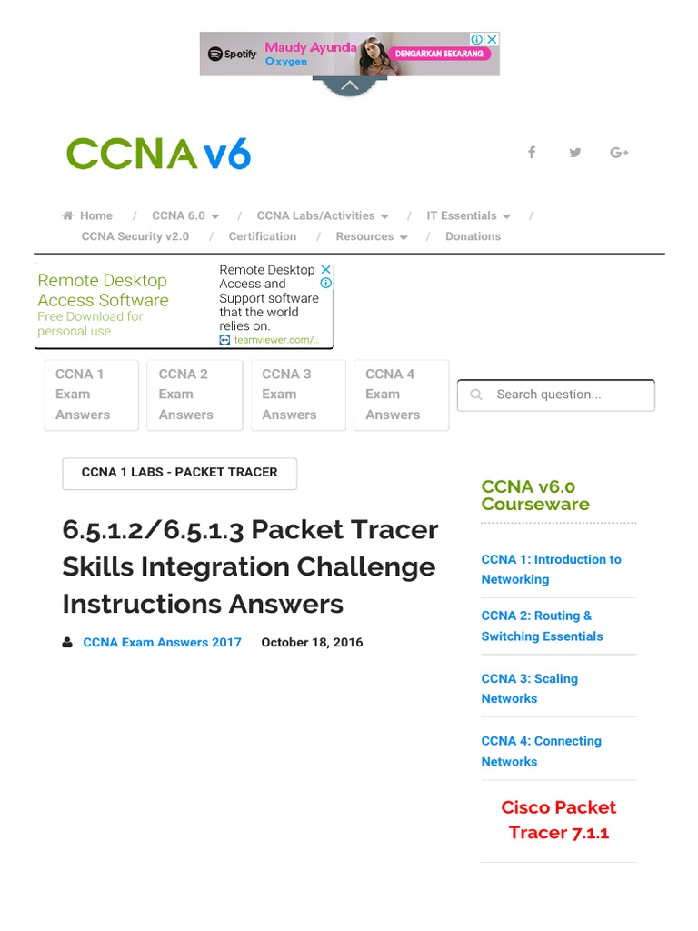 6.5.1.2 - 6.5.1.3 Packet Tracer Skills Integration Challenge Instructions  Answers PDF | PDF | Cisco Certifications | Data Transmission