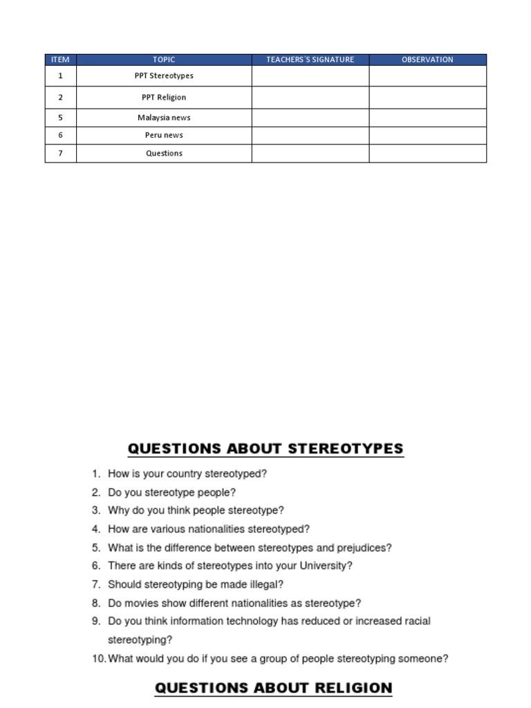 Stereotypes and Religion Discussion Questions | PDF | Social Science ...