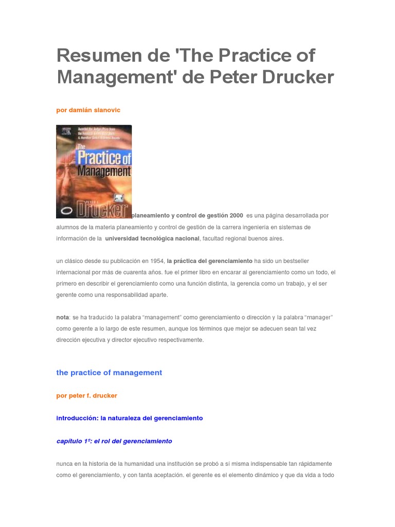 Resumen de La Practica de La Gerencia Peter Drucker | PDF | Toma de ...