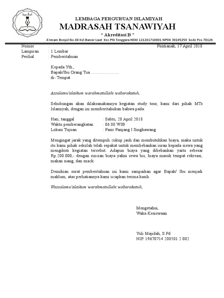 Contoh Surat Pemberitahuan Study Tour  Mosaicone