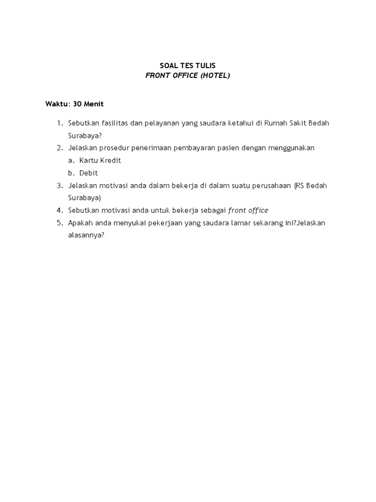 Soal Tes Tulis Fo Hotel