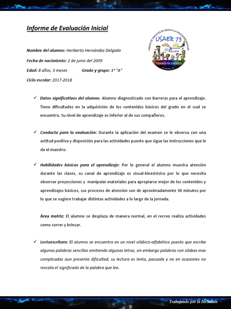 Informe Inicial Los 7 | PDF | Lectura (proceso) | Evaluación