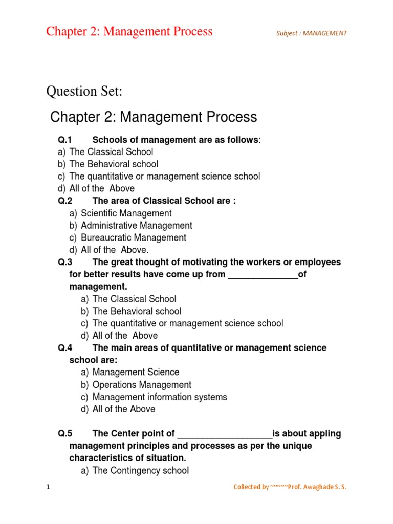Mcqs Management Chapter 2 Management Process PDF Self