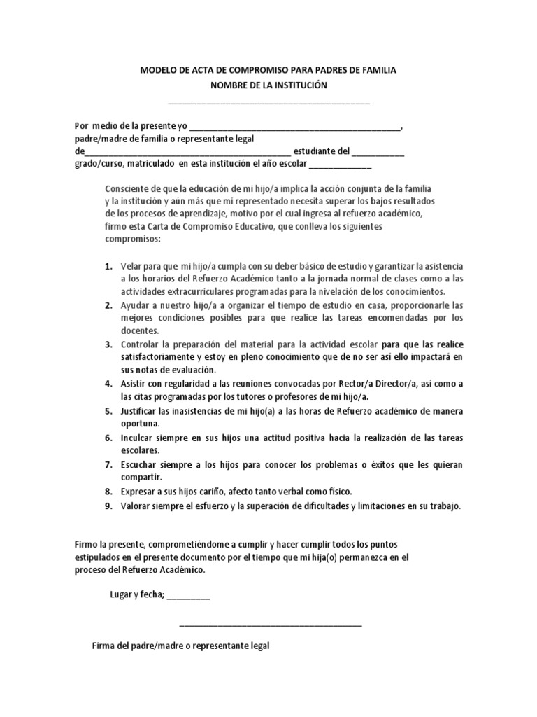 Modelo de Acta de Compromiso para Padres de Familia | PDF | Cambio ...