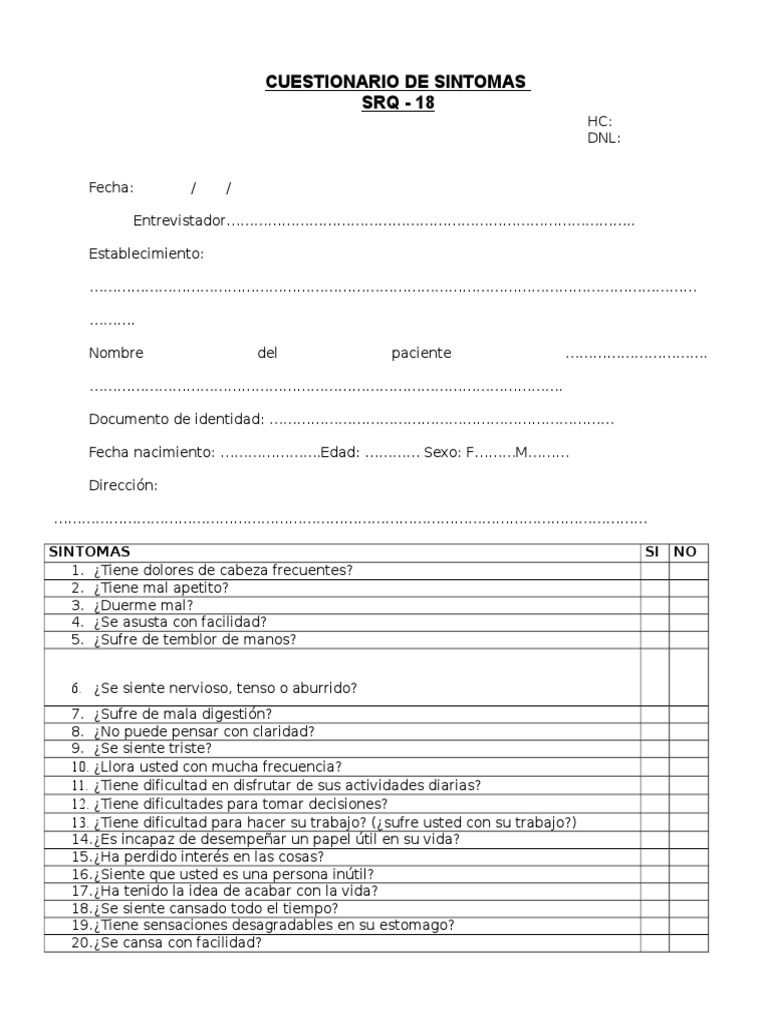 Cuestionario de Síntomas SRQ-18 | PDF