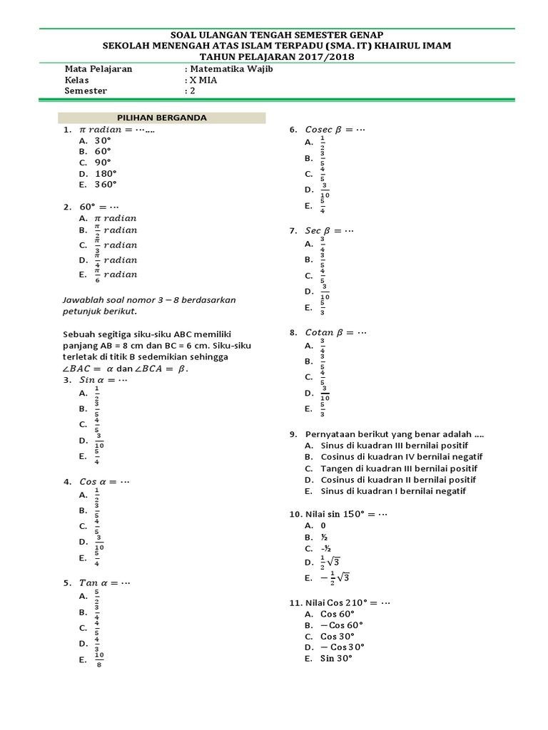 Soal Matematika Wajib Kelas X Sma