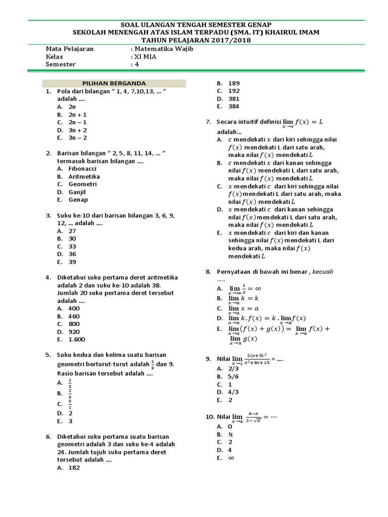 Soal Uas Matematika Wajib Kelas 10 Semester 1 Guru Pintar