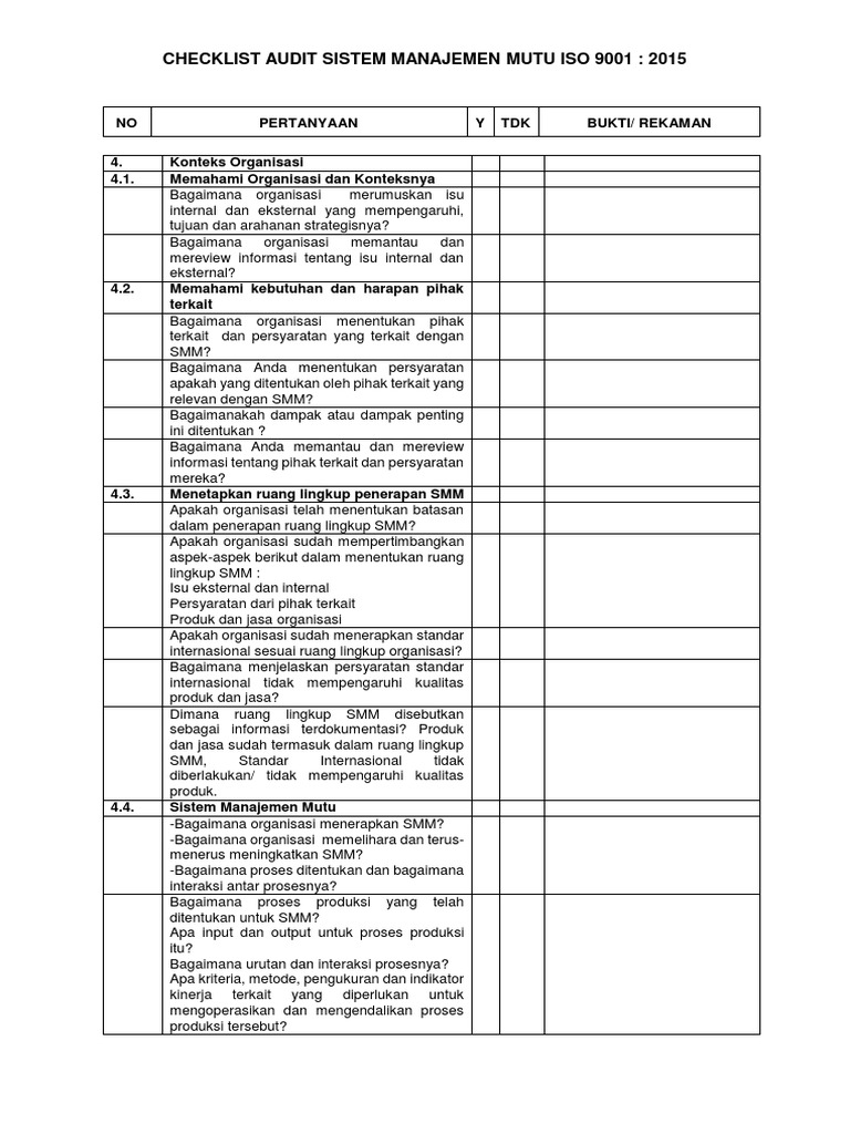 Checklist Audit Iso 9001 2015 Pdf